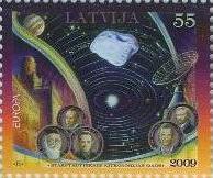 Солнечная система с метеоритом, Институт астрономии Латвийского университета, радиотелескоп и портреты ученых-астрономов